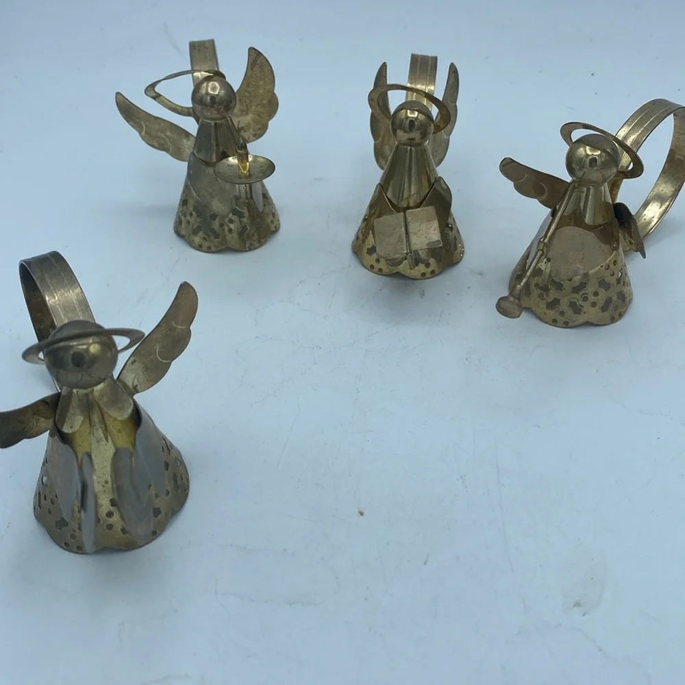 VTG set of 4 brass metal Angel w/ musical instruments napkin rings holders